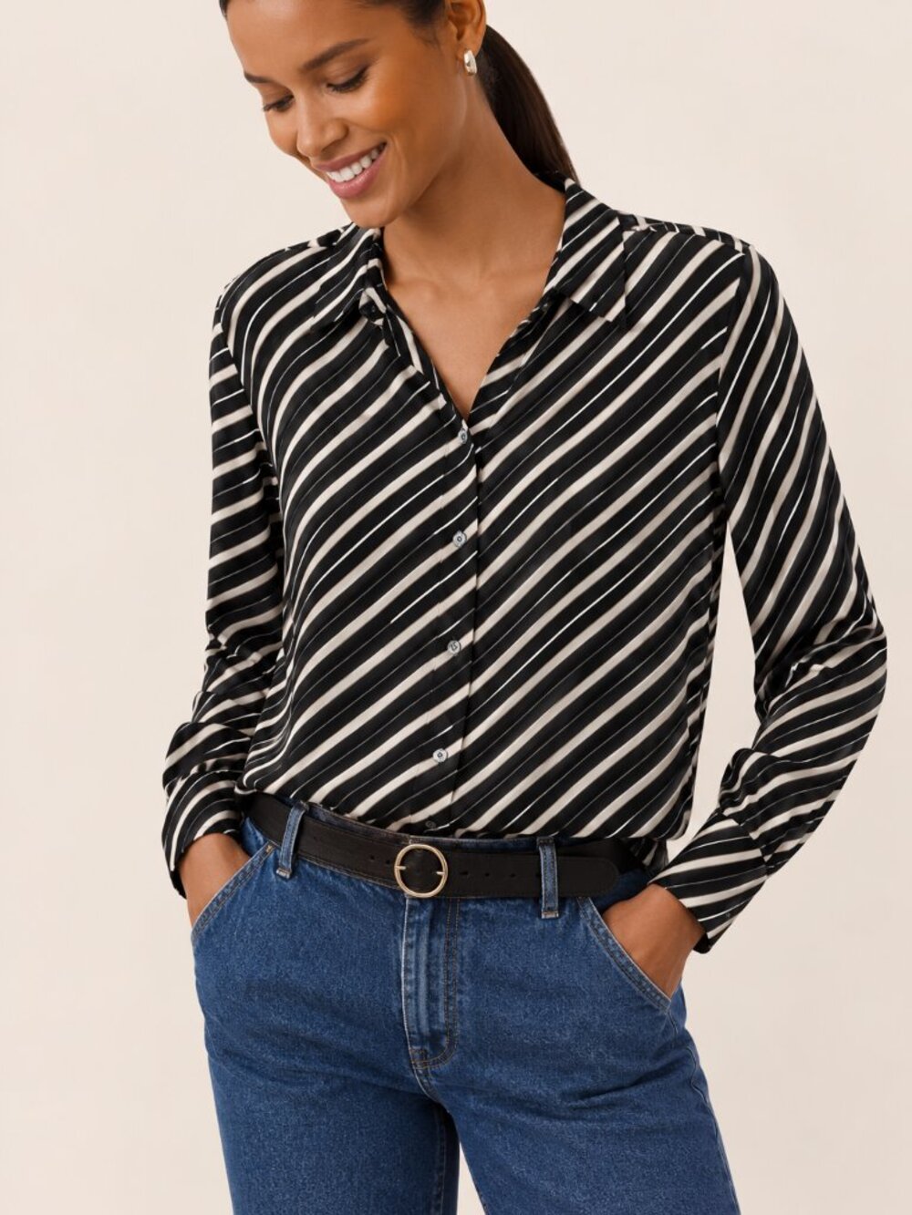 Ann Taylor Factory Striped Semi Sheer Button Down Shirt Black Cream M NWT
